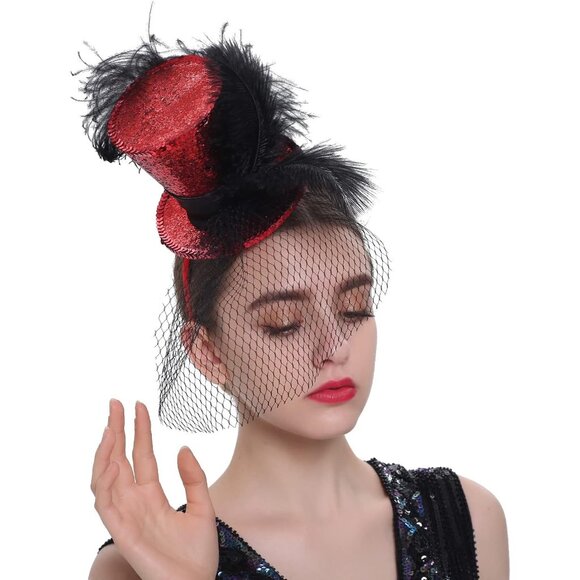 Mini Top Hat Headband Fascinator - Red main image 4